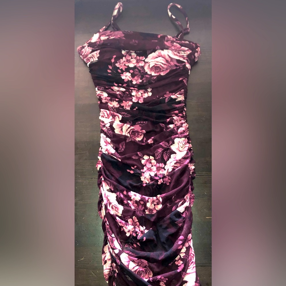 TeezeMe Women’s Purple W/Pink Roses Tight Ruffle Dress